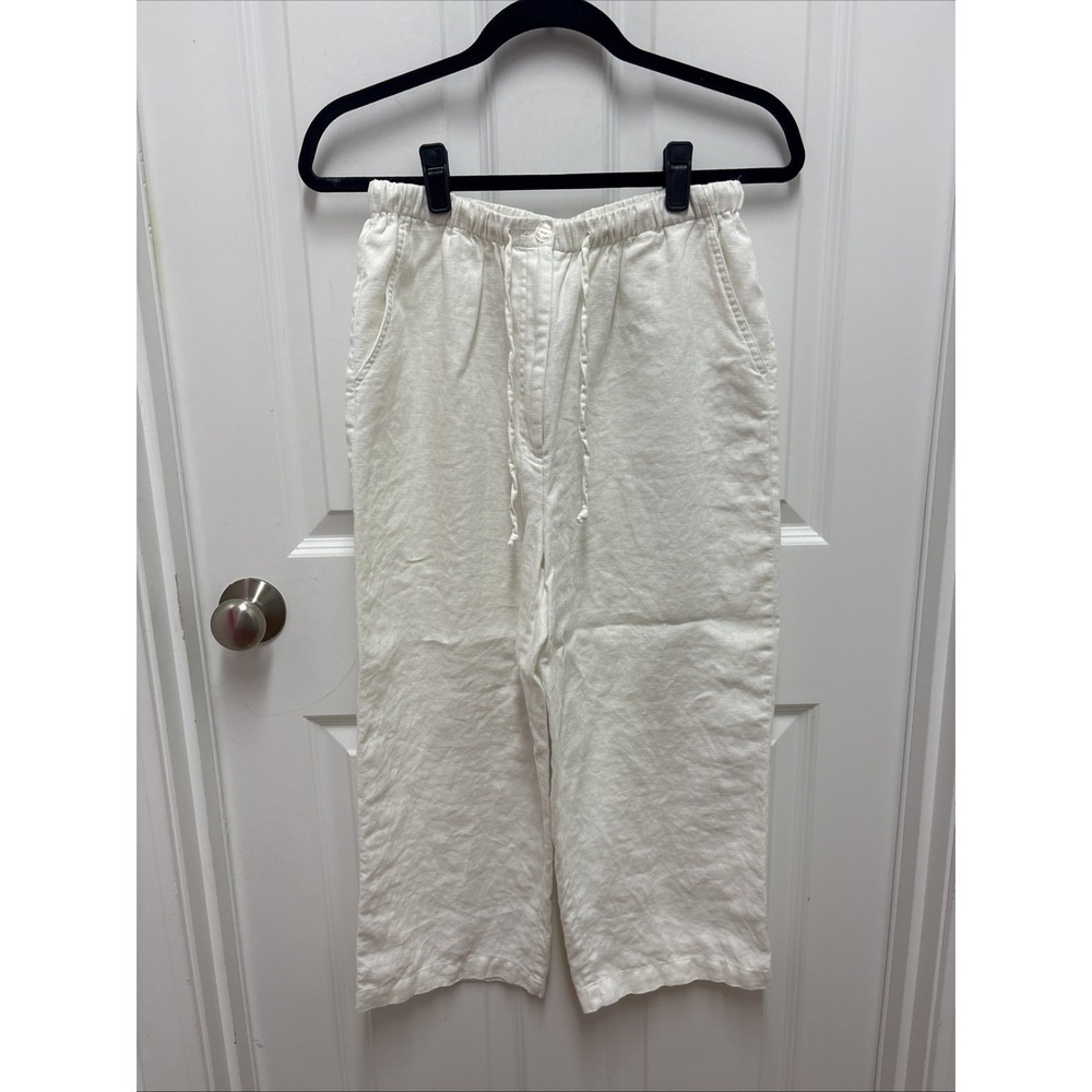 JM Collection Solid White Linen Casual Lined‎ Crop Pants Elastic Waist - Size 12
